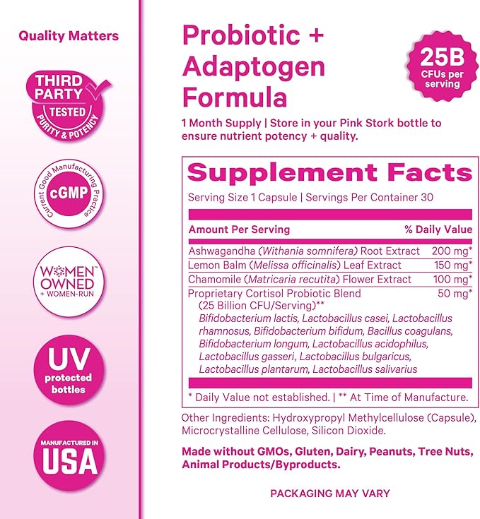 Pink Stork Cortisol Probiotic for Women – Mood and Adrenal Support Supplement – Ashwagandha Lemon Balm Chamomile 25 Billion CFU – Gut Health Energy Focus – Lower Cortisol – 30 Capsules