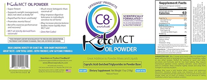 LifeSense C8 enriched MCT Oil Powder Unflavored Sourced from Coconut Oil Keto-Friendly Developed by PhD Nutrition in USA Optimal Fuel for The Brain and Body