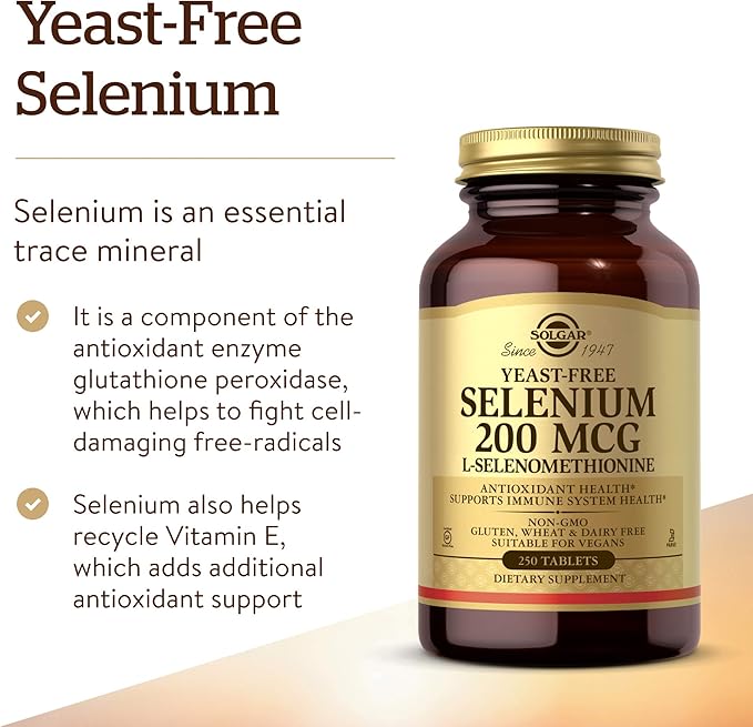 Solgar Yeast-Free Selenium 200 mcg 250 Tablets - Supports Antioxidant &amp Immune System Health - Non-GMO Vegan Gluten Free Dairy Free Kosher - 250 Servings