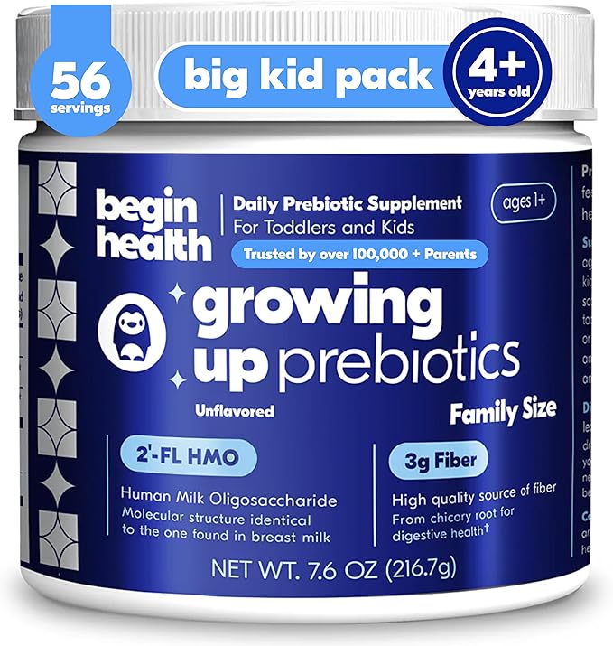 Begin Health Growing Up Prebiotics for Kids | Daily Prebiotic Fiber Supplement with 2'-FL HMO | Supports Regularity &amp Gut Health | Unflavored Powder | Ages 1+ | 56 Servings