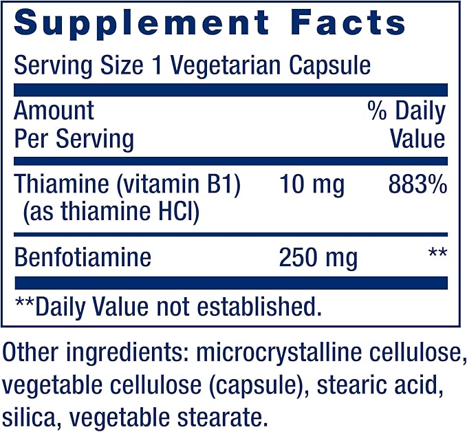 Life Extension Mega Benfotiamine 250 mg a fat-soluble form of thiamine healthy metabolism ultra-bioavailable vitamin B1 high potency gluten-free non-GMO vegetarian 120 capsules