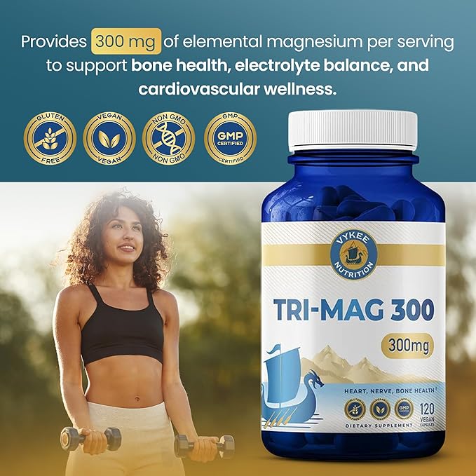 Vykee Nutrition Tri-Mag 300 Triple-Source Magnesium Complex – Supports Heart Nerve and Bone Health – Vegan Non-GMO Gluten-Free – 300 mg 120 Count