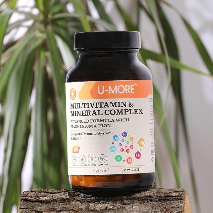 U-MORE Multivitamin &amp Mineral Complex Vegan Sugar-Free Gluten-Free Calcium Magnesium Vitamin A B1 B2 B5 B6 B12 D3 K C Iron Zinc Supports Immune System &amp Overall Health - 60 Ta