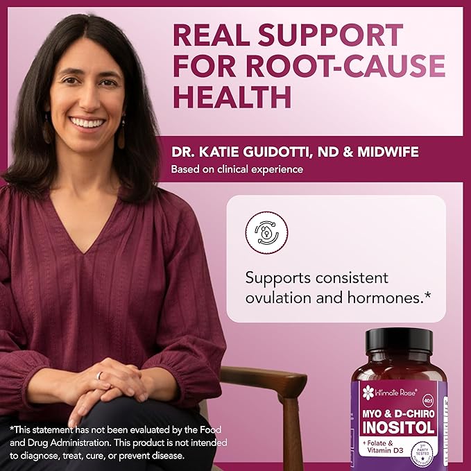 Intimate Rose Myo-Inositol &amp D-Chiro Inositol Supplement with Folate and Vitamin D - Support Hormonal Balance Regular Cycles and Ovarian Health - 30-Day Supply - 40:1 Ratio Capsules