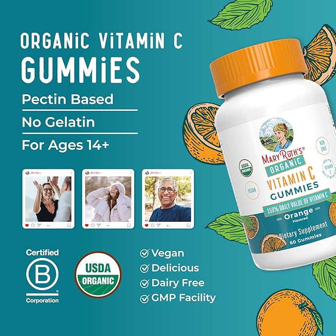 MARYRUTH'S Adult Vitamin C Gummies | USDA Organic | Vegan Chewable Vitamin C Gummies for Ages 14+ | for Immune Support &amp Overall Wellness | Vegan | Non-GMO | Orange Flavor | 60 Count