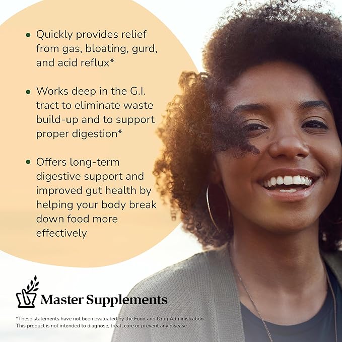 Master Supplements Enzalase - 50 Capsules - Probiotic Compatible Enzymes - Provides Digestive Boost + Gas &amp Bloating Relief - Gluten Free - 50 Servings