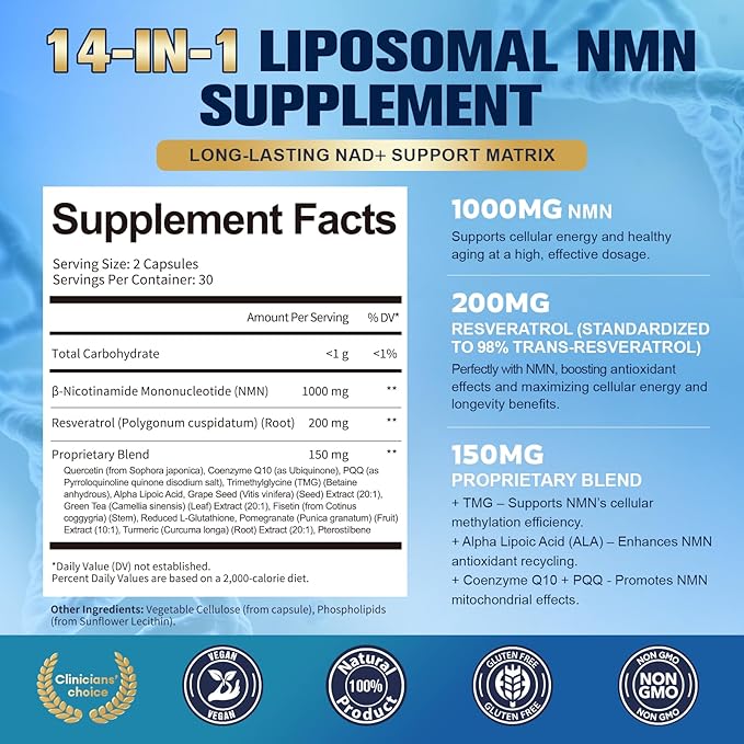 Totaria 2 Packs Liposomal NMN Supplement 1000mg 14-in-1 NMN Resveratrol Complex with CoQ10 TMG Quercetin ALA PQQ Support NAD Levels Cellular Energy &amp Healthy Aging cGMP Filler Free