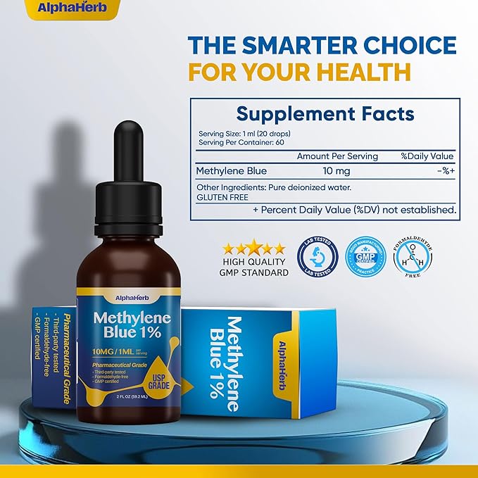 Methylene Blue Pharmaceutical Grade USP Grade Boost Energy Enhance Focus &amp Cognitive Support cGMP Certified Gluten-Free Methylene Blue 1% Drops 2 FL OZ (59.2 mL)