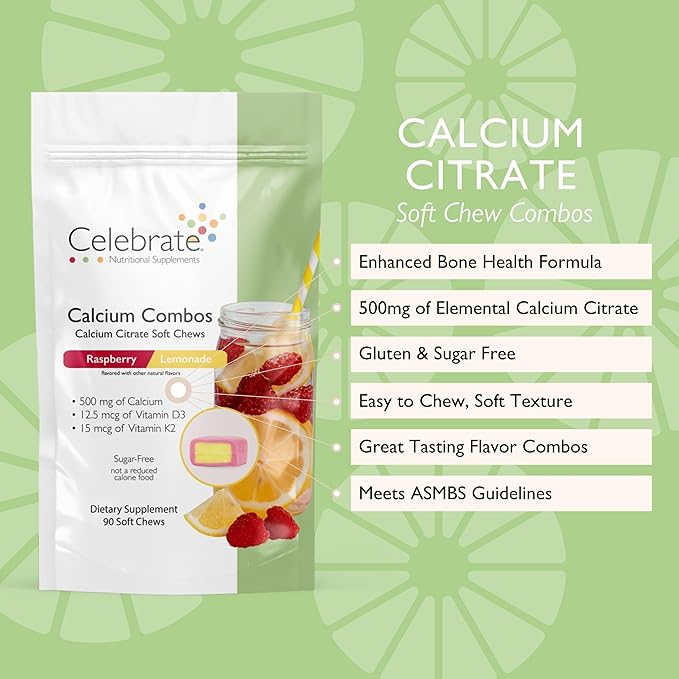 Celebrate Vitamins Bariatric 500mg Calcium Citrate Soft Chews Combo with 500 IU Vitamin D3 – Essential for Gastric Bypass Patients &amp Bone Health - Sugar &amp Gluten Free Rasperry Lemonade (90 Ch