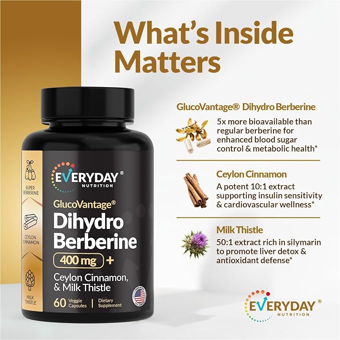 Dihydroberberine GlucoVantage 200mg | Highly Bioavailable Berberine Supplement with Ceylon Cinnamon &amp Milk Thistle | Non-GMO | 60 Veggie Capsules