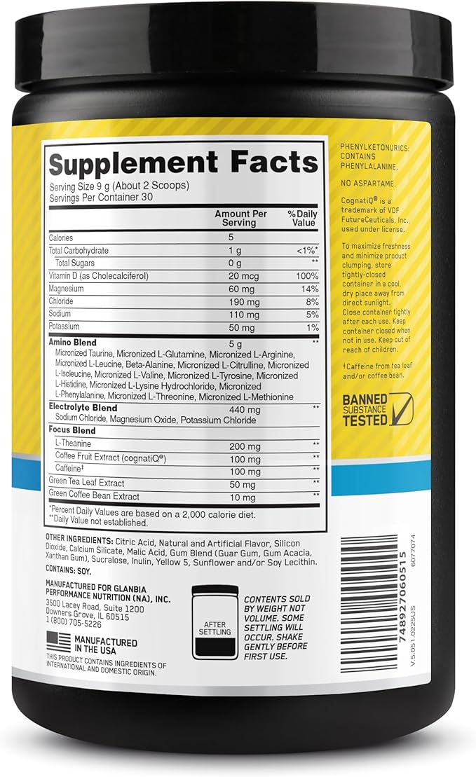 Optimum Nutrition Amino Energy Powder Plus Focus with BCAA Electrolytes and Caffeine Pineapple Twist 30 Servings (Packaging May Vary)