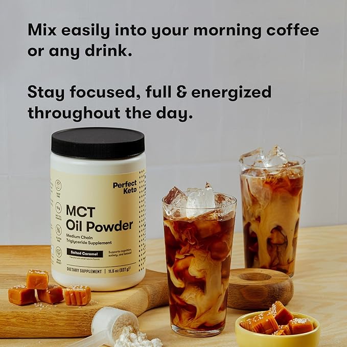 Perfect Keto 7g MCT Oil Powder Medium Chain Triglycerides Supplement Non Dairy Coffee Creamer for Keto Diet Ketogenic MCT Oil Mix for Coffee Smoothie Protein Shakes Salted Caramel 30 Servings