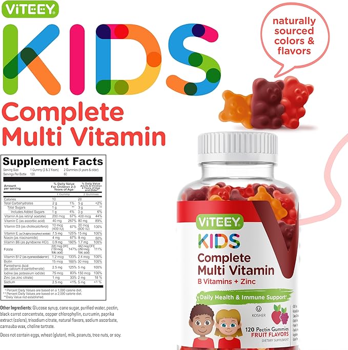 Viteey Kids Multivitamin Gummies Complete Daily Essential Kids Vitamins - Great for Immune Support &amp Overall Health - 12 Essential Minerals &amp Vitamins - Vegetarian Gelatin Free- Fruit Flavor
