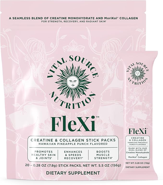 Vital Source Nutrition - Flexi - Creatine &amp Collagen Stick Packs - 5g Creatine Monohydrate + 1g MoriKol Collagen -Supports Strength Recovery &amp Skin Health -20 Servings