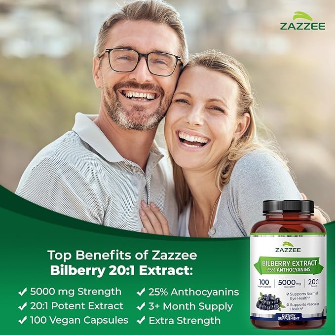 Zazzee Cognitive Brain Health &amp Vision Support Bundle | Extra Strength Bilberry 20:1 Extract &amp CDP Choline Capsules | Non-GMO Vegan &amp ISO Lab Tested
