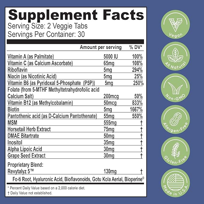 Essential Source Bonita V - Hair Skin &amp Nails Vitamins for Women and Men - 20 Active Ingredients with 5000 mcg Biotin - Revytalyz 5 Collagen Support Blend - Easy-Swallow Vegan Tablets (60 EZ-TAB)