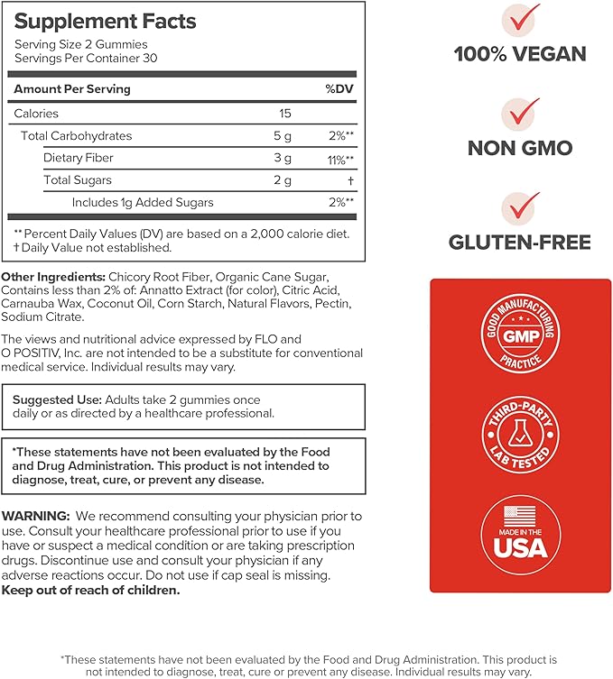 O Positiv URO Fiber Gummies for Adults 60 Count (Pack of 1) - Prebiotic Chicory Root Inulin Fiber Supplement - Daily Gummy Fiber for Digestive Gut Health - Non-GMO Vegan &amp Cruelty-Free