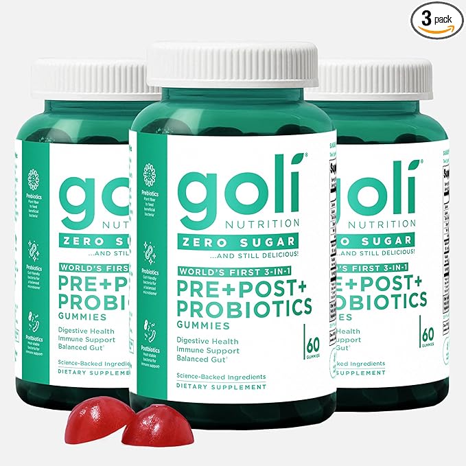 Goli Zero Sugar Pre Pro Postbiotic Gummies 60 Count Each (3 Pack 180 Total) - Worlds First 3-in-1 with DE111 XOS MCC1849 - No Sugar Alcohols - Vegan Keto-Friendly Non-GMO
