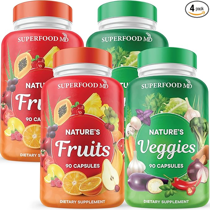 Superfood 180 Fruit and 180 Veggie Capsules - Whole Food Natural Superfoods - Maintain Energy Levels with Beta Carotene - Soy Free (90 Count (Pack of 4)