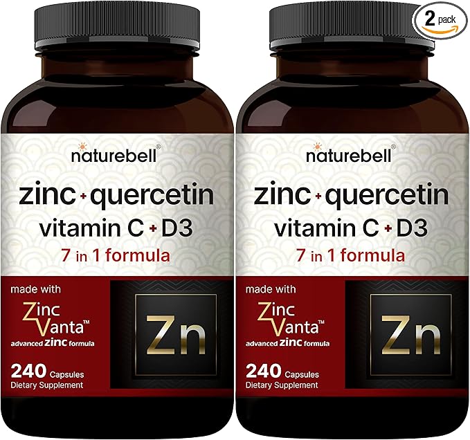 NatureBell Zinc Quercetin with Vitamin C &amp D3 480 Capsules (2 Pack) | Quercetin 1000mg + Zinc 50mg + Vitamin C 250mg + Vitamin D3 5000 IU | 4-in-1 Advanced Immune &amp Lung Support | ZincVanta