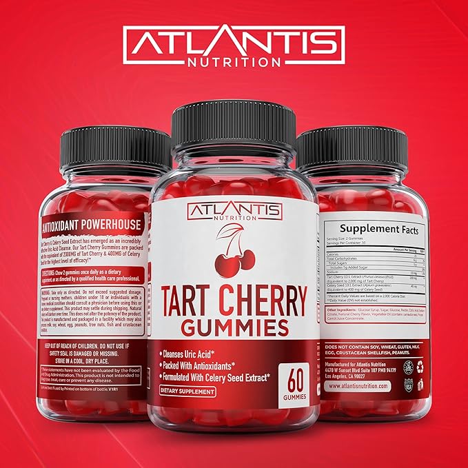 Atlantis Nutrition Tart Cherry 60 Gummies + Sugar Free Prebiotic Fiber Gummies for Adults 2-Pack (120 Gummies)