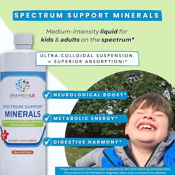 BrainChild Nutritionals Spectrum Support Minerals Liquid Supplement for Autism - Well Absorbed for Kids &amp Adults on the Spectrum Ultra-Colloidal Suspension Casein-Free Unflavored 16oz