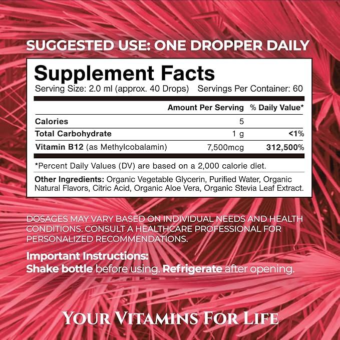 USDA Organic Ultra Max B12 | Superdose 7500mcg Vitamin B12 Liquid Drops | B12 as Methylcobalamin| Max 98% Absorption Rate | Promotes Energy| Vegan Non-GMO Strawberry flavor -4oz