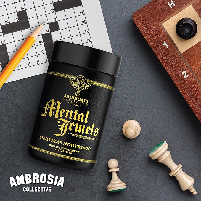 Ambrosia Mental Jewels (Capsules) - Cognitive Enhancer | Increase Memory Communication Skills Concentration &amp Focus | Alpha GPC Choline BaCognize | 120 Veggie Capsules (30 Day Supply)