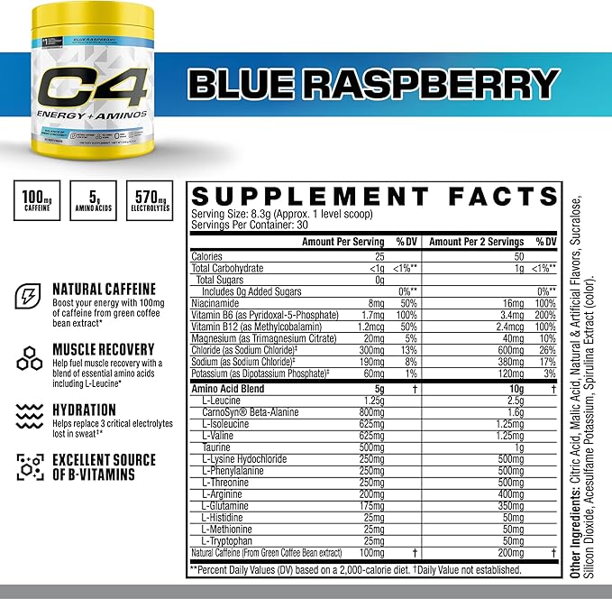 C4 Energy + Aminos Powder 5g BCAAs &amp EAAs for Muscle Recovery 3 Electrolytes for Hydration 100mg Natural Caffeine Pre Workout Zero Sugar 30 Servings Blue Raspberry