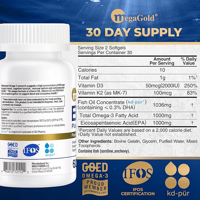Pro Fish Oil EPA 1000mg Omega 3 with Vitamins D3 &amp K2 - Omega 3 Fatty Acid Supplements Burpless Fish Oil Capsules for Men and Women - 60 Count Mini Softgels