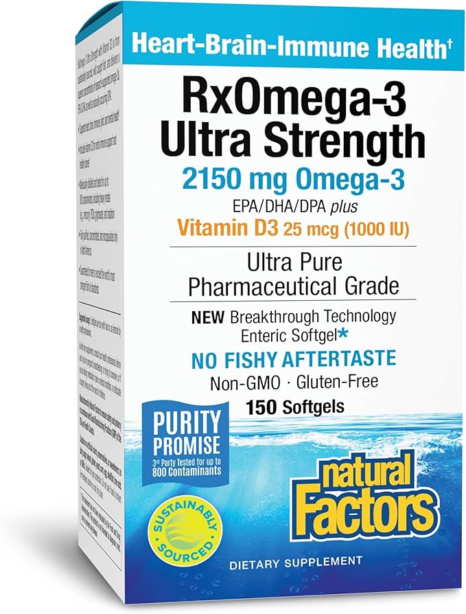 Natural Factors RxOmega-3 Ultra Strength - Brain &amp Heart Health Support - Eye Health Supplement with EPA &amp DHA - Supplement with Omega-3 Fatty Acids &amp Vitamin D3-150 Softgels (75 Servings)