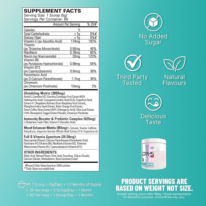 EHP Labs OxyShred Pre Workout Powder - Preworkout Powder with L Glutamine &amp Acetyl L Carnitine Energy Boost Drink - Bahama Breeze/Beach 60 Servings