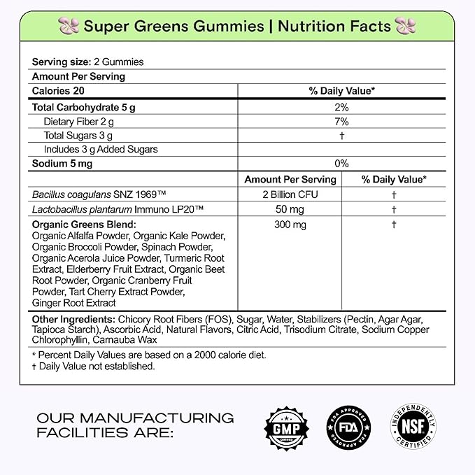 Kiala Nutrition Super Greens Gummies with 11x Organic Greens Pre Post &amp Probiotics Antioxidants Multivitamin Fiber Supplement Supports Gut Health &amp Digestion Dairy Free Vegetarian 60 C