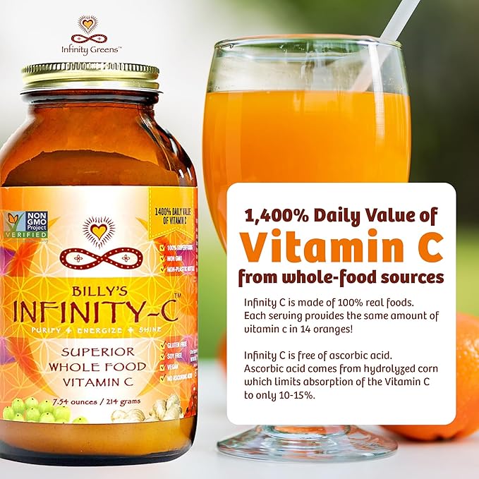 Infinity-C Organic Whole-Food Sourced Vitamin C Powder | Acerola Camu Camu &amp Amla | 1000mg Superfood C | High-Potency | Shilajit Astragalus Root &amp Ginger | Vegan Non-GMO (30 Servings)