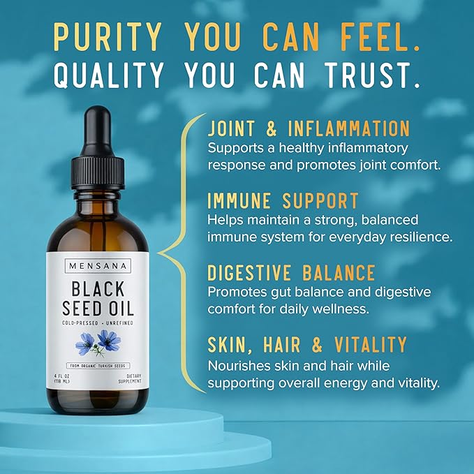 MENSANA Black Seed Oil (4 oz - 47 Servings) – Cold-Pressed Virgin Nigella Sativa – 100% Organic Non-GMO Pure &amp Unrefined Wellness Oil