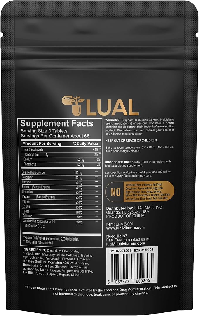 LUAL Probiotic Multi-Enzyme for Digestive Health. Probiotic + Digestive Enzymes for Women &amp Men. Lactobacillus Acidophilus Bromelain Papain | 200 Tablets – 66 Days Supply