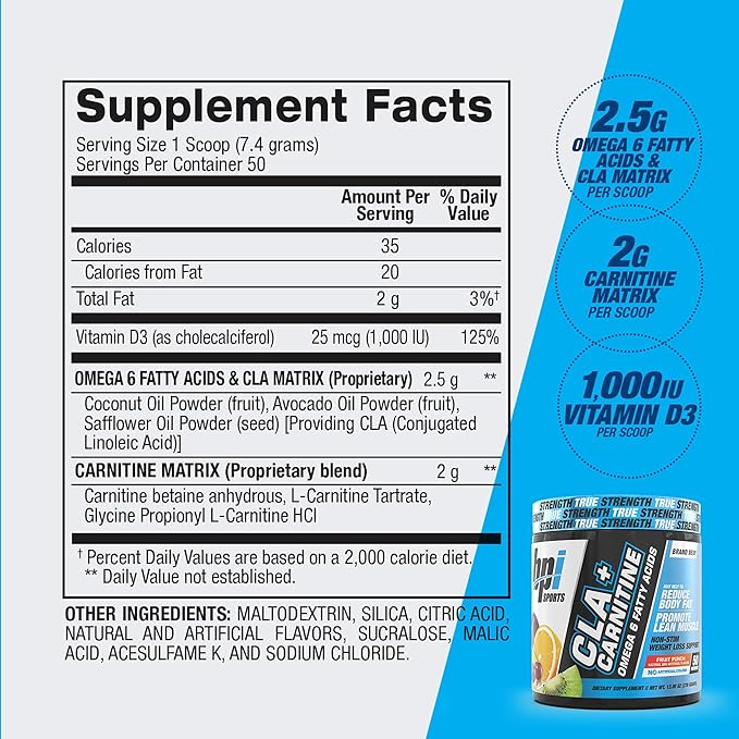 BPI Sports CLA+Carnitine – CLA L Carnitine &amp Linoleic Acid – L Carnitine Supplement for Weight Loss Metabolism &amp Lean Muscle – Caffeine Free – Fruit Punch – 50 Servings – 12.34 oz