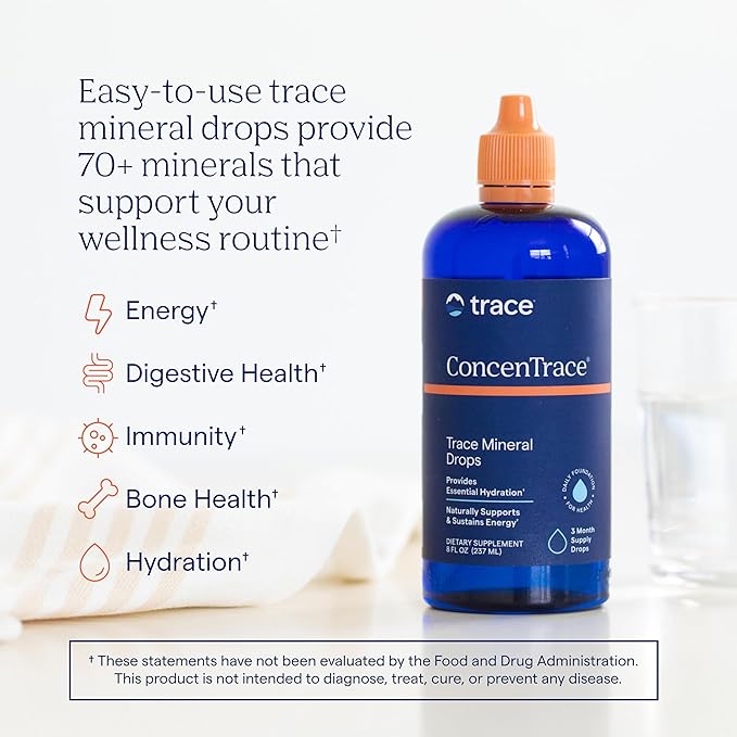 Trace Minerals ConcenTrace Trace Mineral Drops | Supports Energy Digestion Bone Health &amp Hydration 70+ Ionic Trace Minerals w/Magnesium Chloride &amp Potassium | Keto Vegan &amp Non-GMO | 9