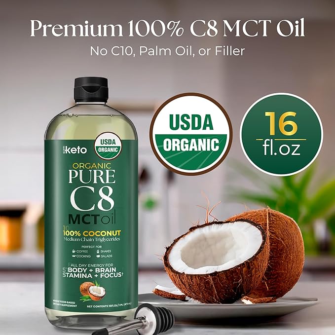 Keppi Organic MCT Oil - Flavorless C8 Non-GMO Certified Organic Gluten-Free Palm Oil Free Vegan Kosher Halal 16 oz Coconut Oil