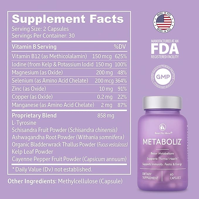 Bloat No More METABOLIZ – Metabolism Booster for Women Thyroid Support Supplement with Selenium Iodine B12 &amp Zinc – Supports Energy Focus Immunity &amp Digestion Gluten-Free. 60 Capsules