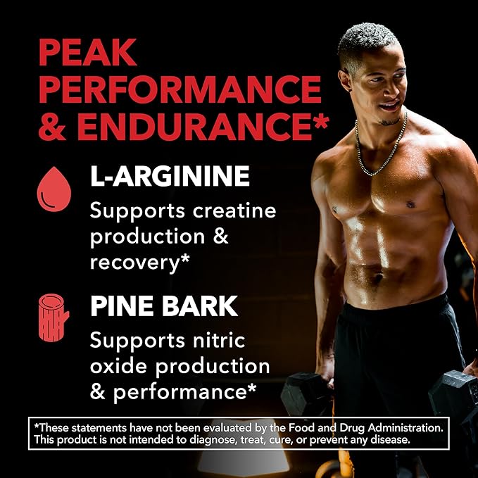 L-Arginine 1800mg and Pine Bark Extract 100mg - Nitric Oxide Supplement for Men - Performance Supplement for Men's Health - 90 Count - Endurance Recovery Support - Vegan Non-GMO Capsules