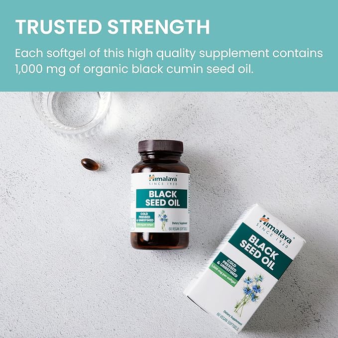 Himalaya Black Seed Oil Softgels Cold-Pressed &amp Unrefined Black Seed Oil for Wellness Non-GMO Vegan Gluten-Free No Additives 1000 mg Per Serving 60 Softgels