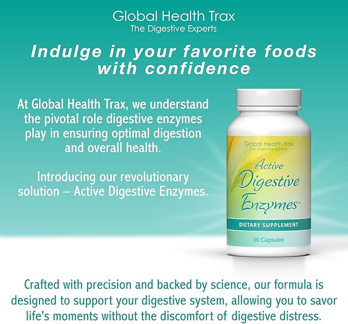 Global Health Trax - Active Digestive Enzymes Supplement 90 Capsules - Comprehensive Digestive Support with Enzymes to Promote Healthy Digestion for Men and Women