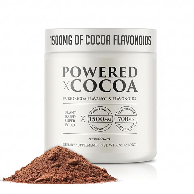 High Flavanol Cocoa Powder - 1500mg Cocoa Flavanols 12X More Epicatechin 700MG Epicatechin Antioxidant Flavonoids - Supports Brain Heart Health Nitric Oxide &amp Circulation by Powered X Plants