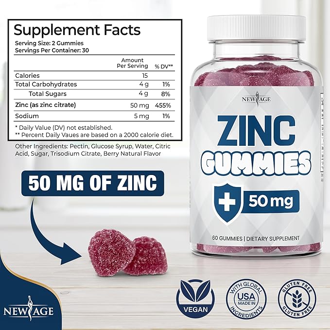 NEW AGE Zinc Gummies - 50mg Zinc Supplement Immune Supplement Antioxidant Non-GMO (180 Count (Pack of 3))