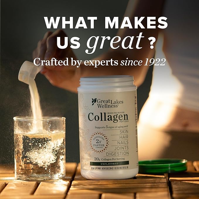 Great Lakes Wellness Collagen Peptides Powder for Skin Hair Nails Joints &amp Digestion - Vanilla Flavored - Quick Dissolve Hydrolyzed Non-GMO Kosher - 10 oz