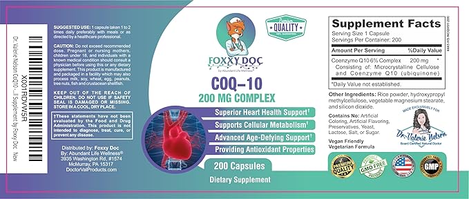 CoQ10 - Co-Enzyme Q10-200 mg -High Absorption - 400 mg per 2 caps - Non-GMO - Gluten Free - 200 Veg. Caps - Heart &amp Cellular Support - Made in USA by Foxxy Doc