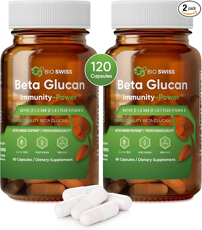 Bio Swiss Beta Glucan Immunity Power - 13D-16D Glucan with Vitamin D - Immune Support Supplement for Enhanced Defense and Wellness - Vegan Gluten-Free (120 Capsules)