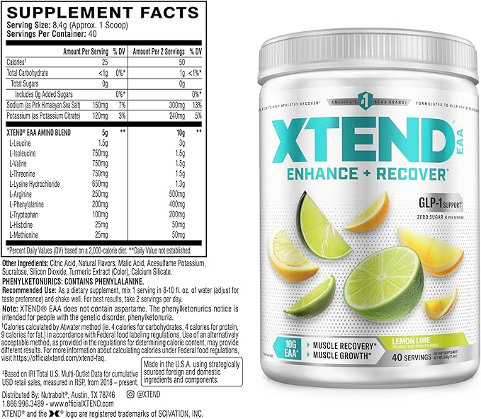 Xtend Scivation EAA + BCAA Powder | Muscle Recovery &amp Lean Muscle Growth | 9 Essential Amino Acids for Intra Workout or Post Workout Recovery | 10g EAAs Per 2 Servings | Lemon Lime 40 Servings
