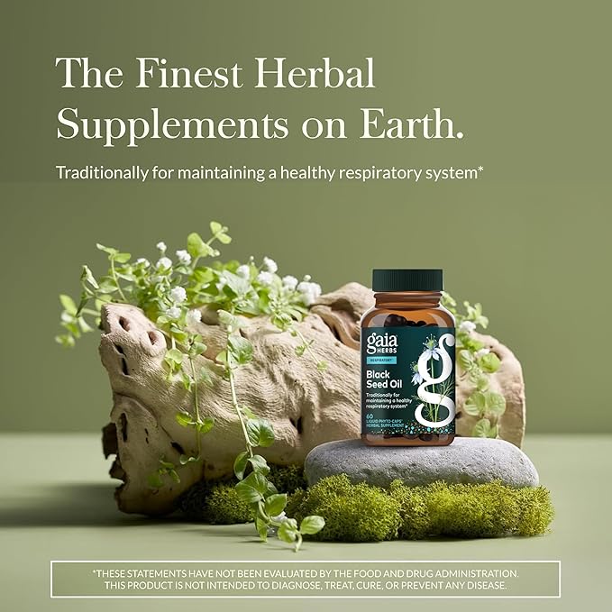 Gaia Herbs Black Seed Oil - Cold-Pressed Capsules with Nigella Seed Traditionally Used for Lung Respiratory &amp Antioxidant Support* - Herbal Supplement - 60 Vegan Liquid Phyto-Caps (30 Servings)
